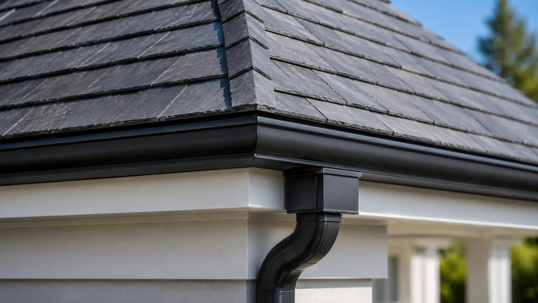 Close-up of a slate roof corner with black gutters, clean fascia, white exterior trim, and softly blurred home details in the background.