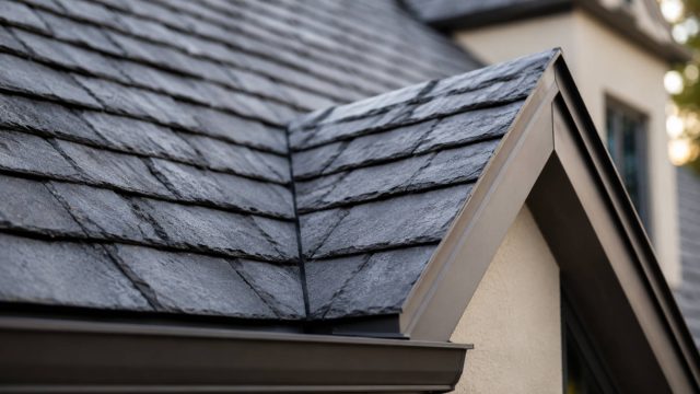 Close-up of dark slate roof shingles, a roof valley, and a sharply defined gable on a contemporary home.