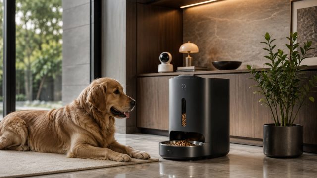 Golden retriever resting beside a sleek automatic pet feeder in a luxury modern living space with marble flooring, wood cabinetry, warm lighting, and indoor greenery.