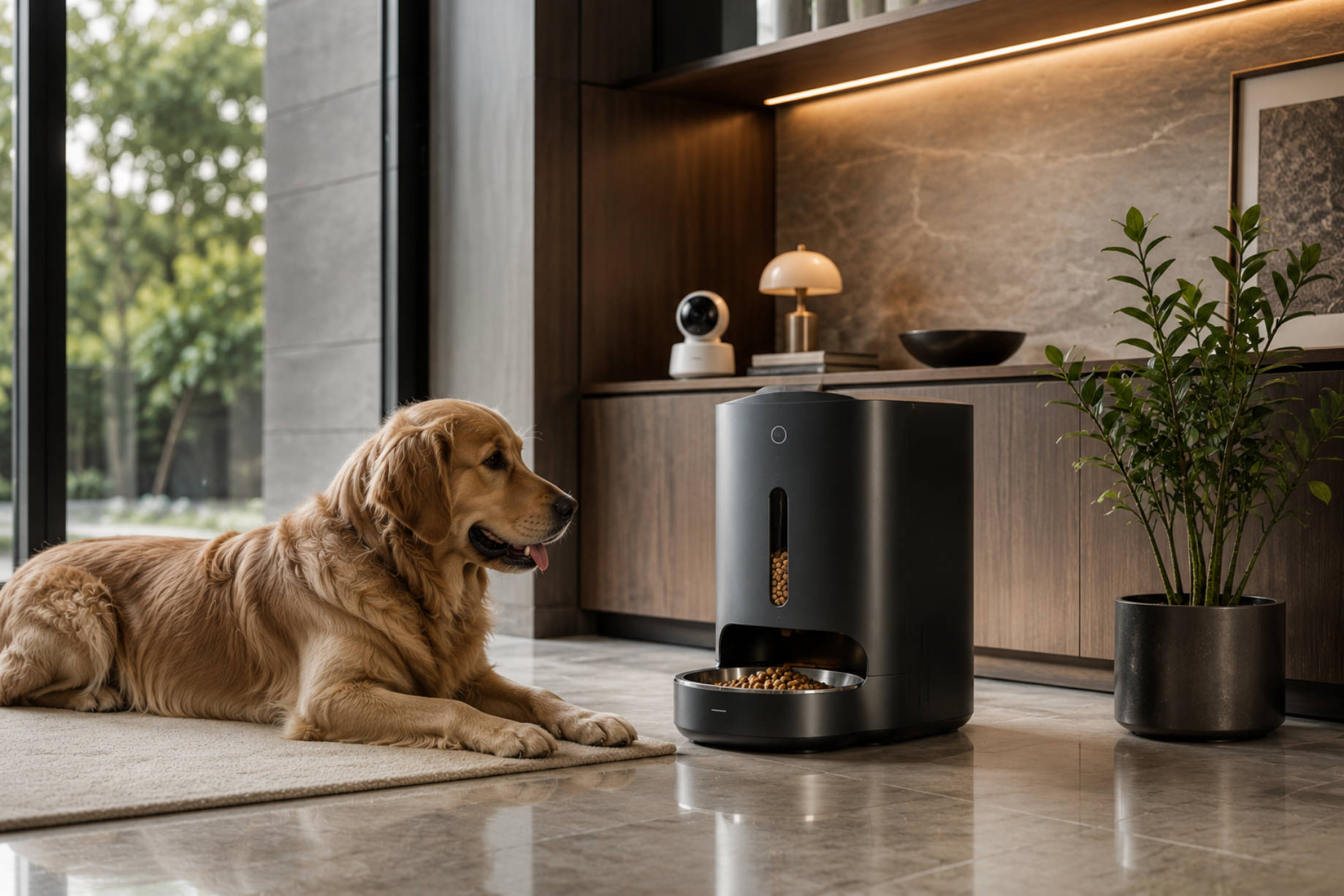 Golden retriever resting beside a sleek automatic pet feeder in a luxury modern living space with marble flooring, wood cabinetry, warm lighting, and indoor greenery.