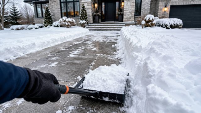 A snow shoveler clears a paved walkway leading to a modern home entrance after fresh winter snowfall.