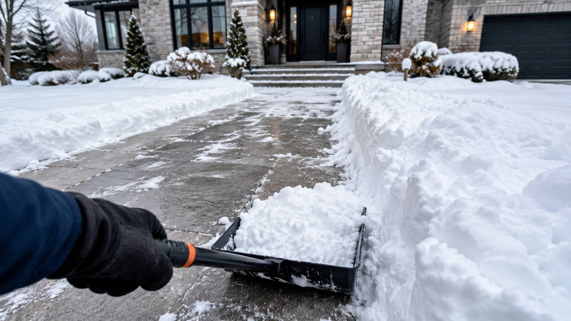 A snow shoveler clears a paved walkway leading to a modern home entrance after fresh winter snowfall.