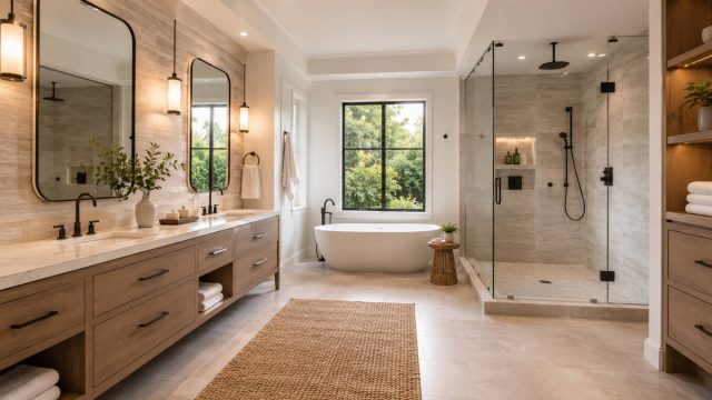 Luxury remodeled bathroom with a double wood vanity, freestanding bathtub, glass walk-in shower, warm lighting, built-in storage, and large window.