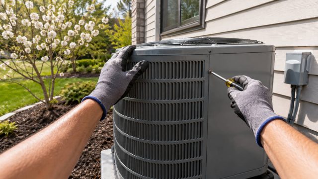 HVAC technician securing the exterior panel of a closed air-conditioning unit beside a home in spring.