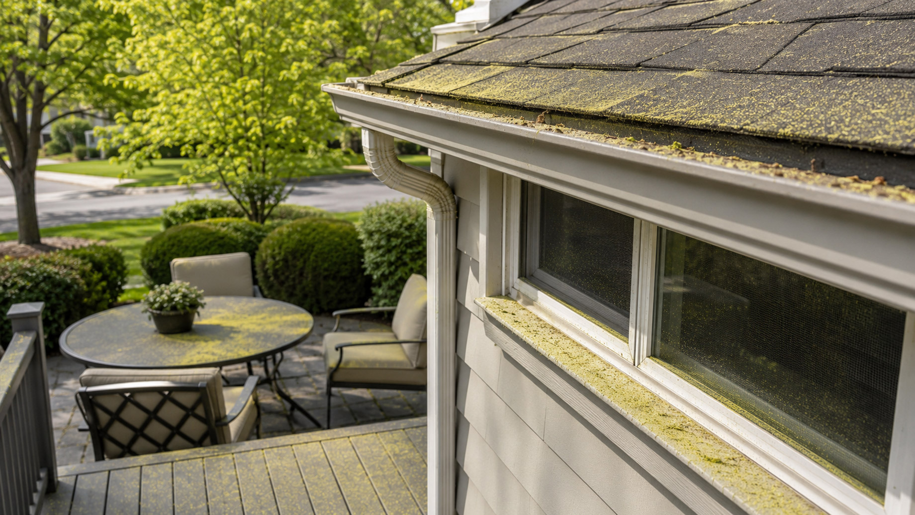 Yellow spring pollen coating a home’s roof shingles, gutter edge, window ledge, screen, patio table, and outdoor deck near a leafy suburban garden.