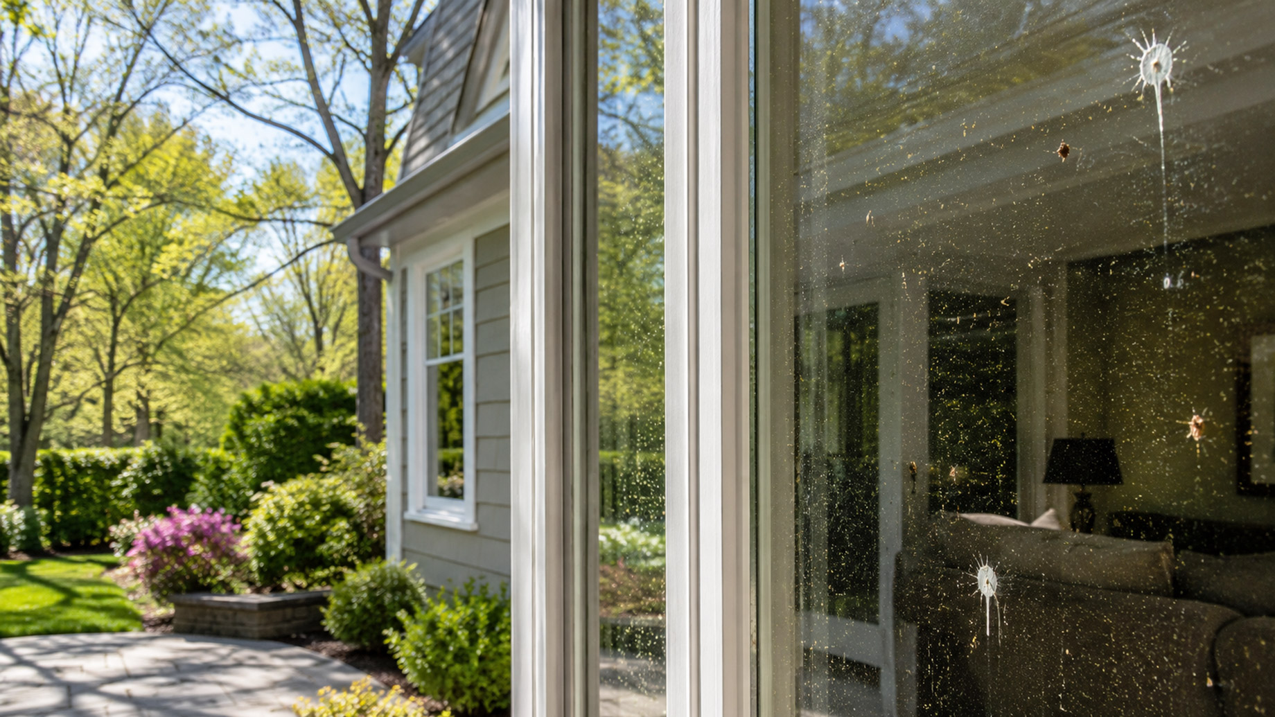 Close-up of a home window with pollen film, insect marks, bird droppings, and outdoor residue visible on the glass, with a bright spring garden beyond.