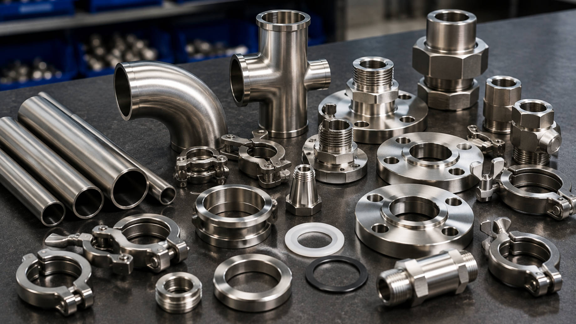 Assortment of polished stainless steel pipes, flanges, clamps, connectors, and custom fittings arranged on an industrial workbench.