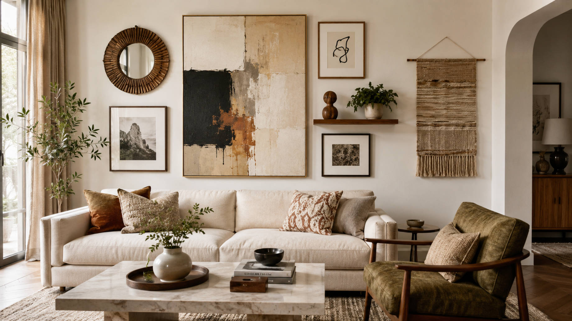 Modern living room featuring abstract canvas art, framed prints, a decorative mirror, floating shelf, and woven wall hanging.
