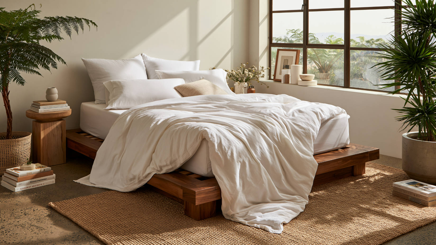 Wooden platform bed with visible slat support, white bedding, natural light, indoor plants, and a woven rug in a calm primary bedroom.