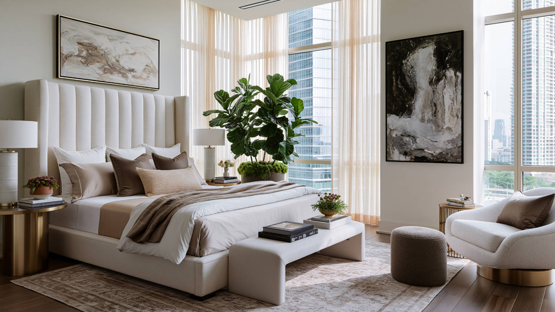 Tall cream upholstered bed frame in a luxury primary suite with layered bedding, sheer curtains, city views, abstract art, plants, a bench, and a seating area.