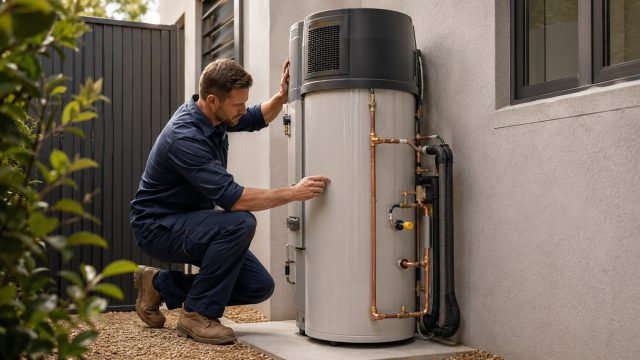 Technician in workwear inspecting a modern outdoor hot water system beside a residential wall with copper pipework, fittings, and surrounding garden landscaping.