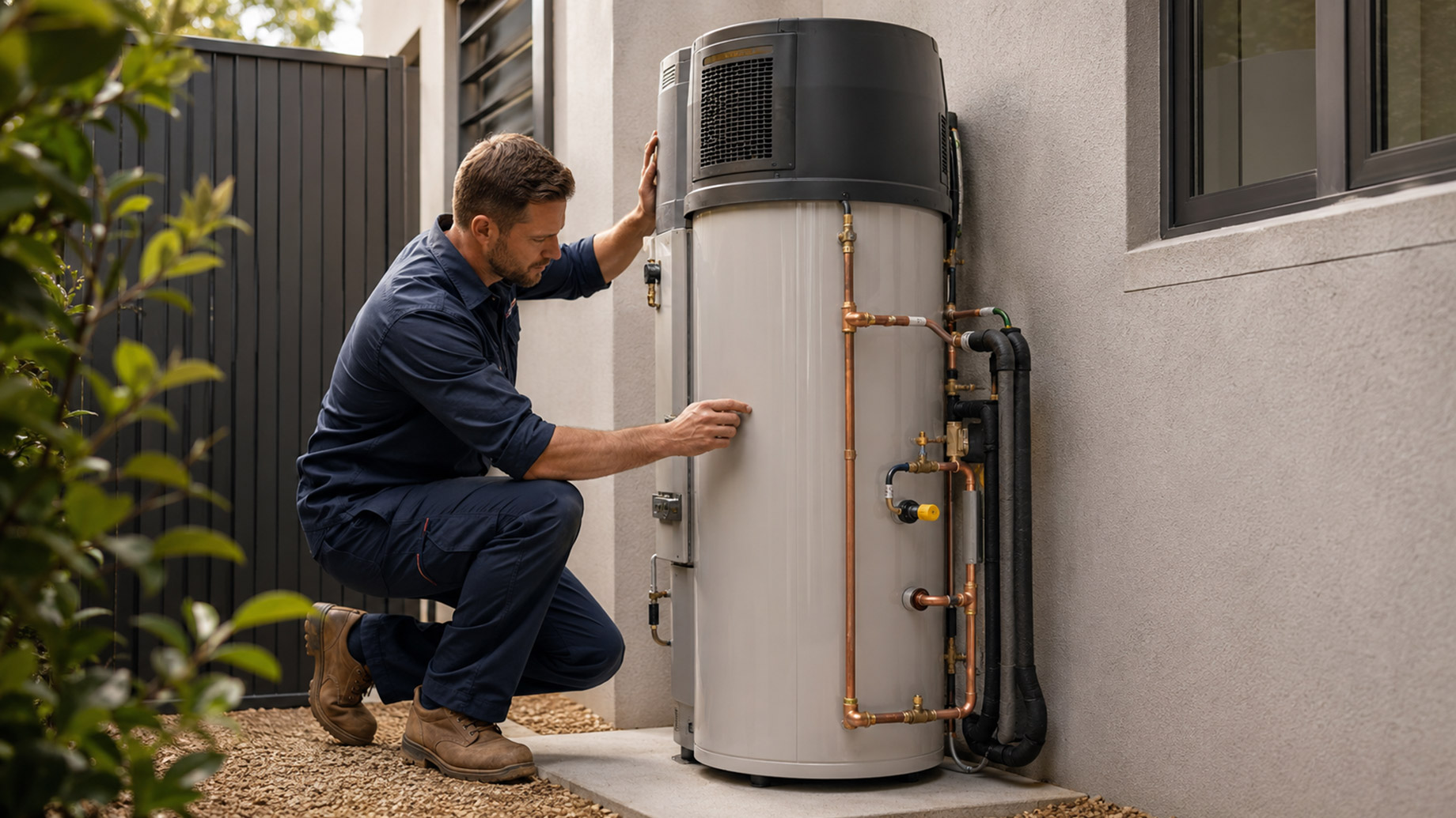 Technician in workwear inspecting a modern outdoor hot water system beside a residential wall with copper pipework, fittings, and surrounding garden landscaping.