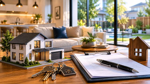 House keys, real estate documents, a small home model, and a coffee mug arranged on a desk for a Texas property sale.