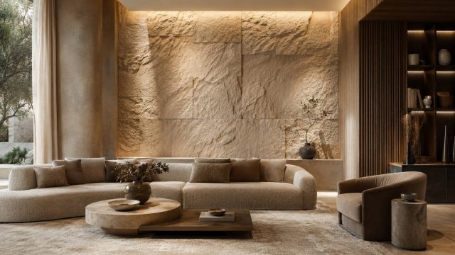 Elegant high-end living room with a dramatic textured stone tile feature wall, curved bouclé seating, warm wood accents, and layered ambient lighting.