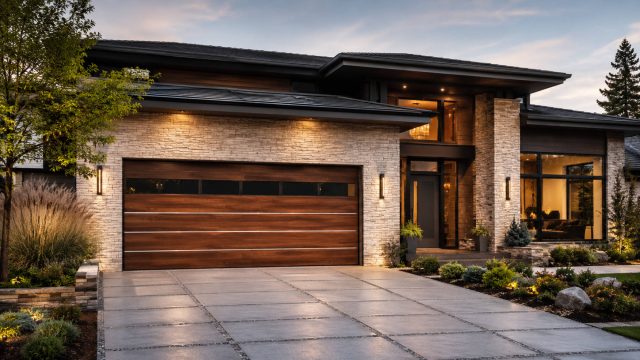 Contemporary luxury home with a wide timber garage door, stone facade, architectural lighting, and landscaped driveway at dusk.