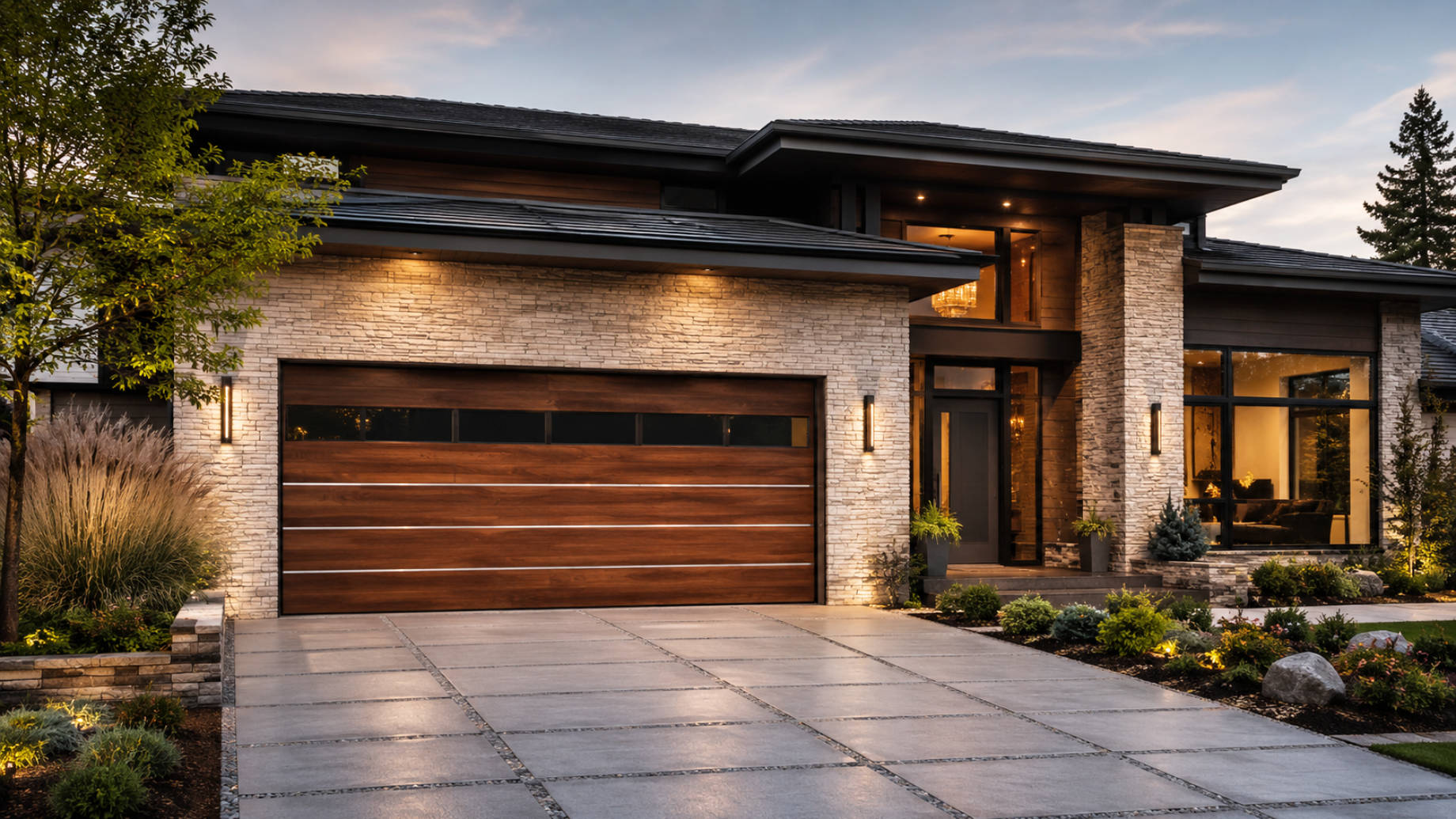Contemporary luxury home with a wide timber garage door, stone facade, architectural lighting, and landscaped driveway at dusk.