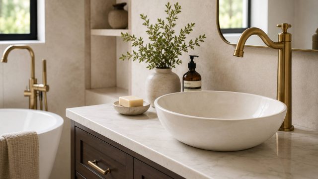 White vessel basin with a brushed brass faucet on a marble vanity in a refined modern bathroom.