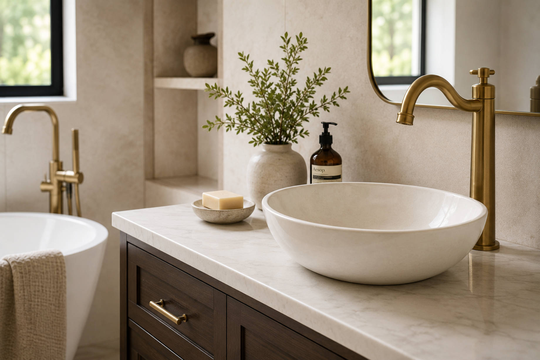 White vessel basin with a brushed brass faucet on a marble vanity in a refined modern bathroom.