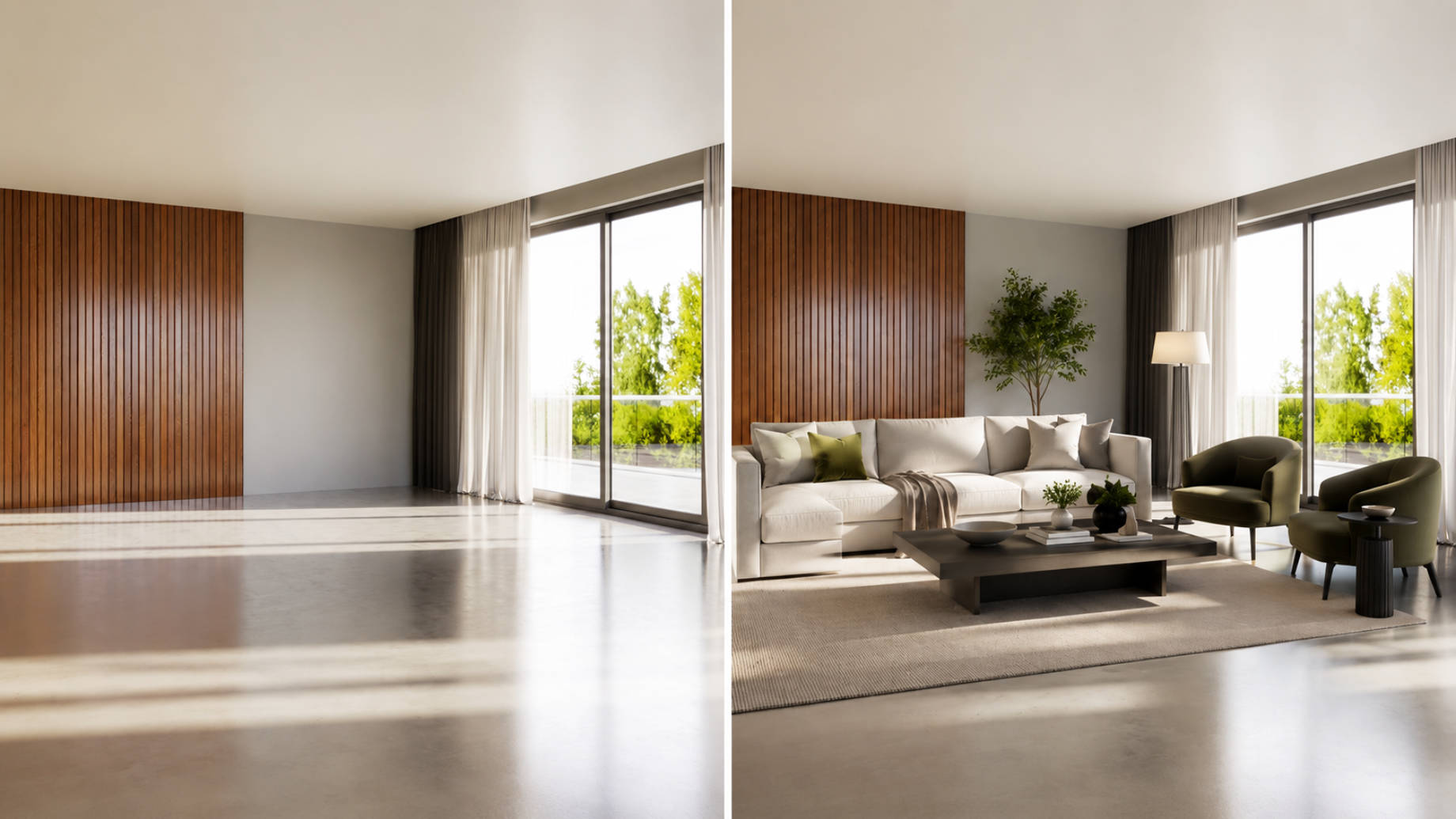 Split-view luxury living room showing an empty space on one side and the same room furnished with elegant neutral seating, a coffee table, rug, and accent chairs on the other.
