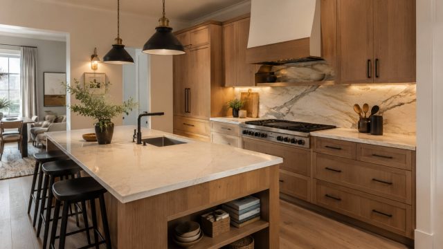 Renovated modern kitchen with natural wood cabinetry, marble countertops, a large island, black pendant lights, concealed storage, and warm under-cabinet lighting.