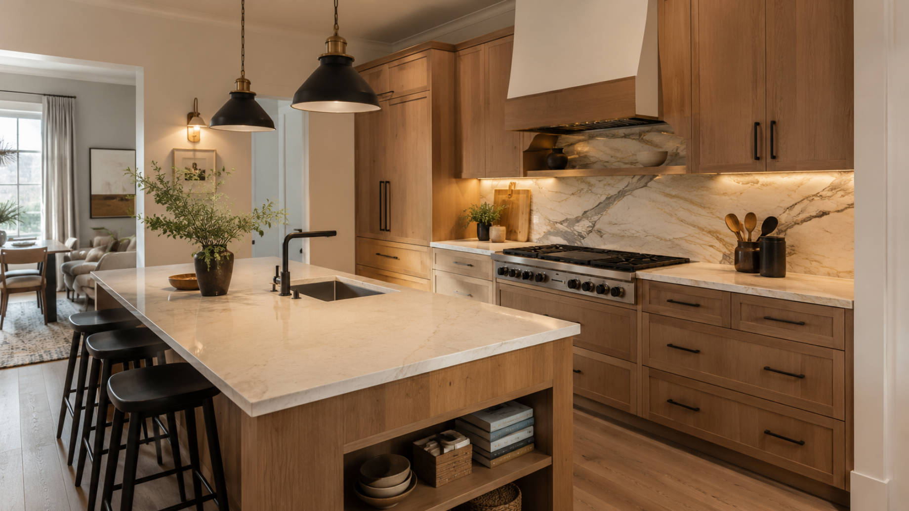 Renovated modern kitchen with natural wood cabinetry, marble countertops, a large island, black pendant lights, concealed storage, and warm under-cabinet lighting.