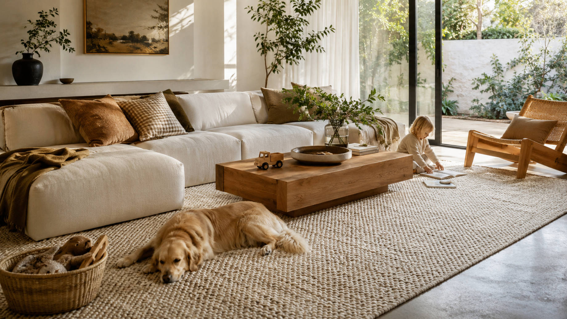 Textured neutral washable rug in a contemporary living room with a child, family dog, natural wood furniture, and soft daylight.