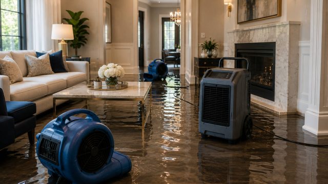 Industrial air movers and a dehumidifier drying water-covered flooring inside an elegant luxury living room.