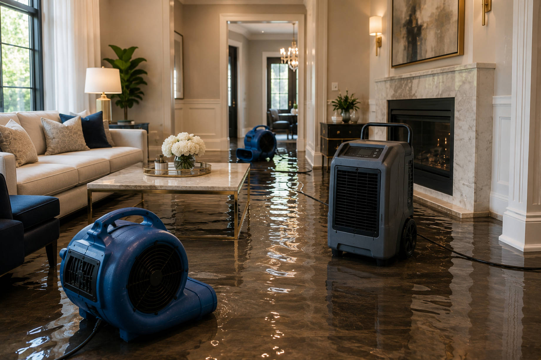 Industrial air movers and a dehumidifier drying water-covered flooring inside an elegant luxury living room.