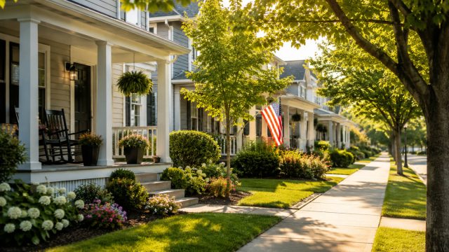 Tree-lined suburban street with tidy front porches, flowering gardens, manicured lawns, and a shaded sidewalk in warm summer light.