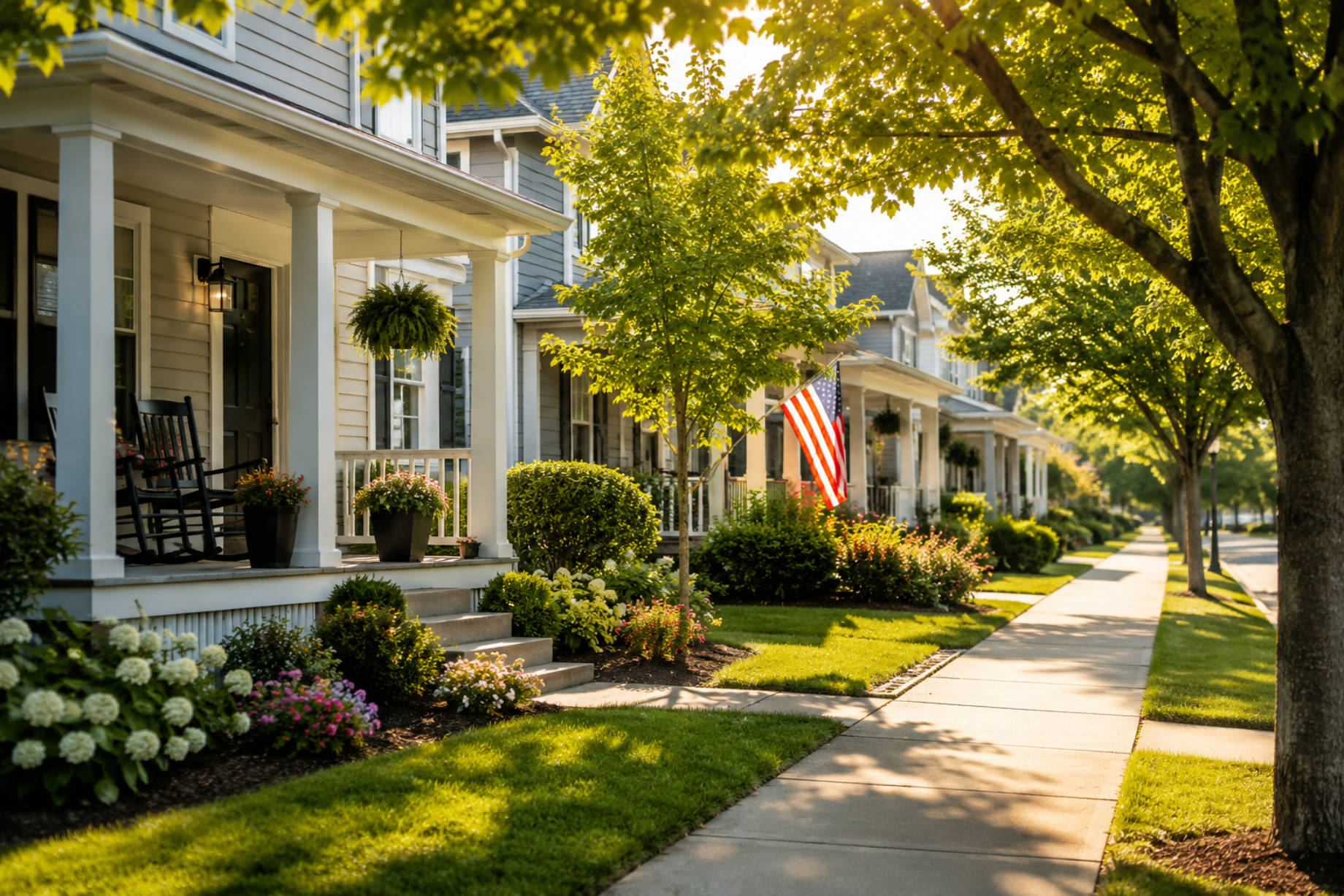 Tree-lined suburban street with tidy front porches, flowering gardens, manicured lawns, and a shaded sidewalk in warm summer light.
