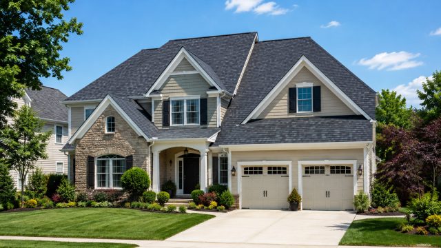 Suburban home with a clean shingle roof, stone façade, manicured landscaping, double garage, and strong curb appeal on a sunny day.