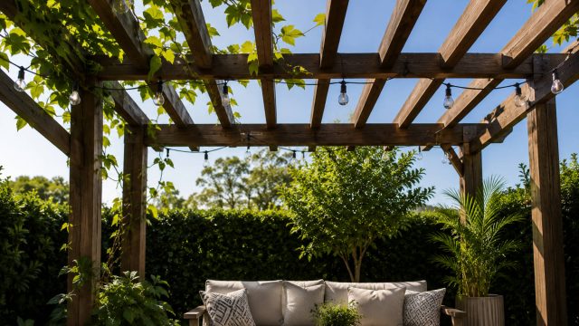 Wooden pergola with climbing vines, string lights, cushioned seating, and potted plants in a sunny garden.