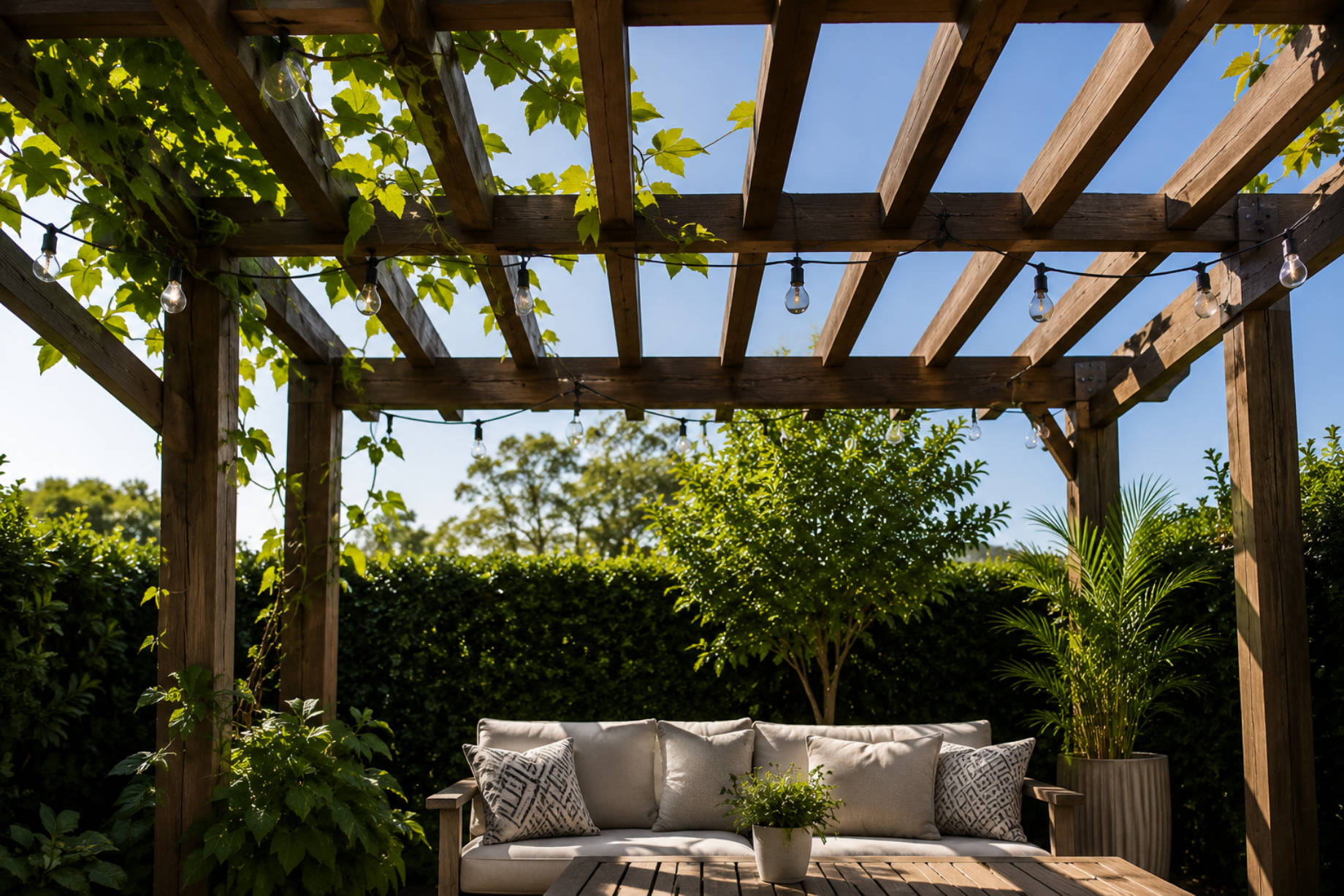 Wooden pergola with climbing vines, string lights, cushioned seating, and potted plants in a sunny garden.