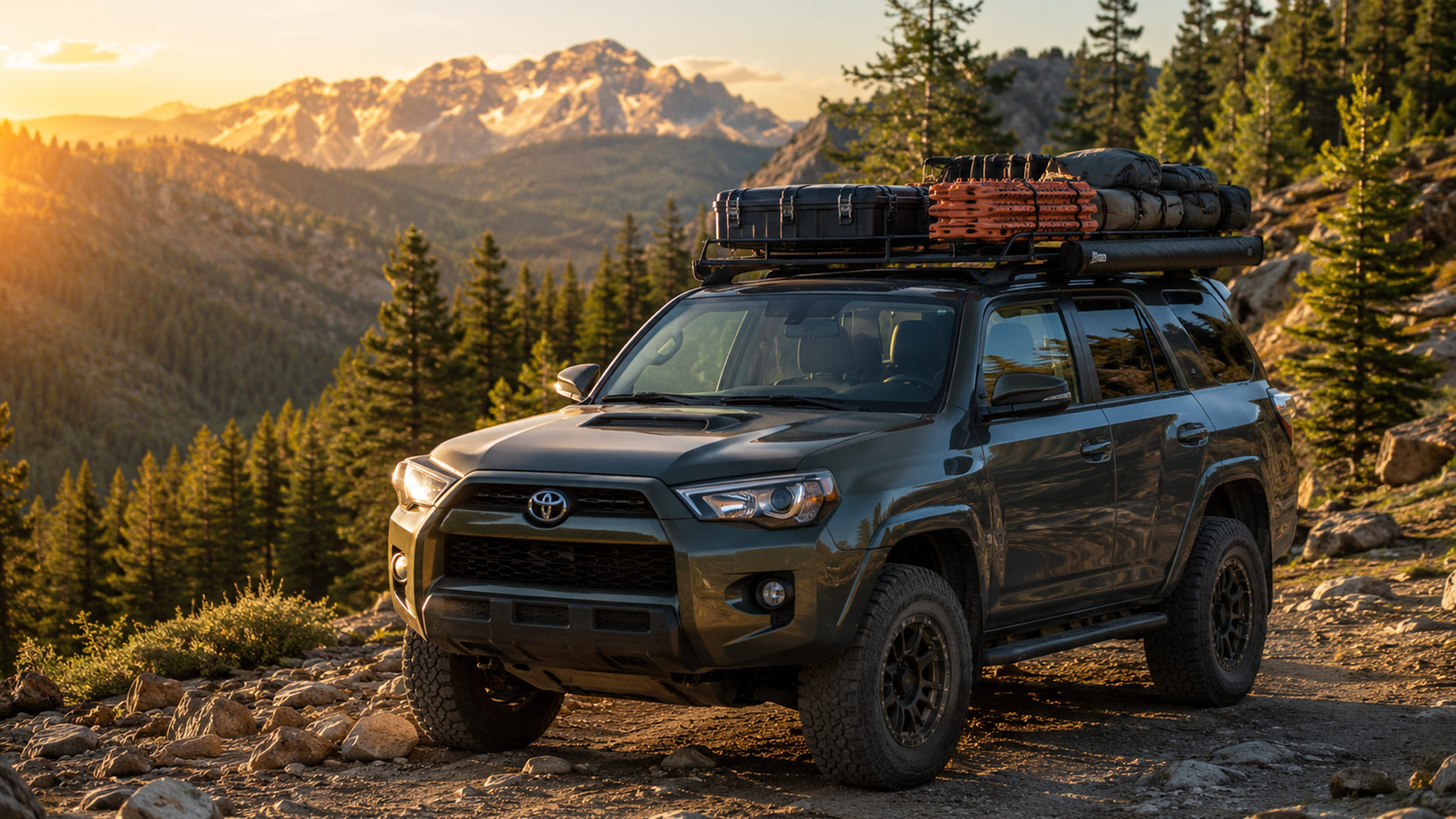 Toyota 4Runner with a loaded roof rack parked on a mountain trail at golden hour, with alpine peaks and pine forest in the background.