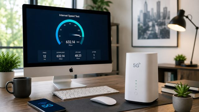 5G home internet router on a modern desk beside an iMac, keyboard, mouse, smartphone, plants, books, and a coffee mug.