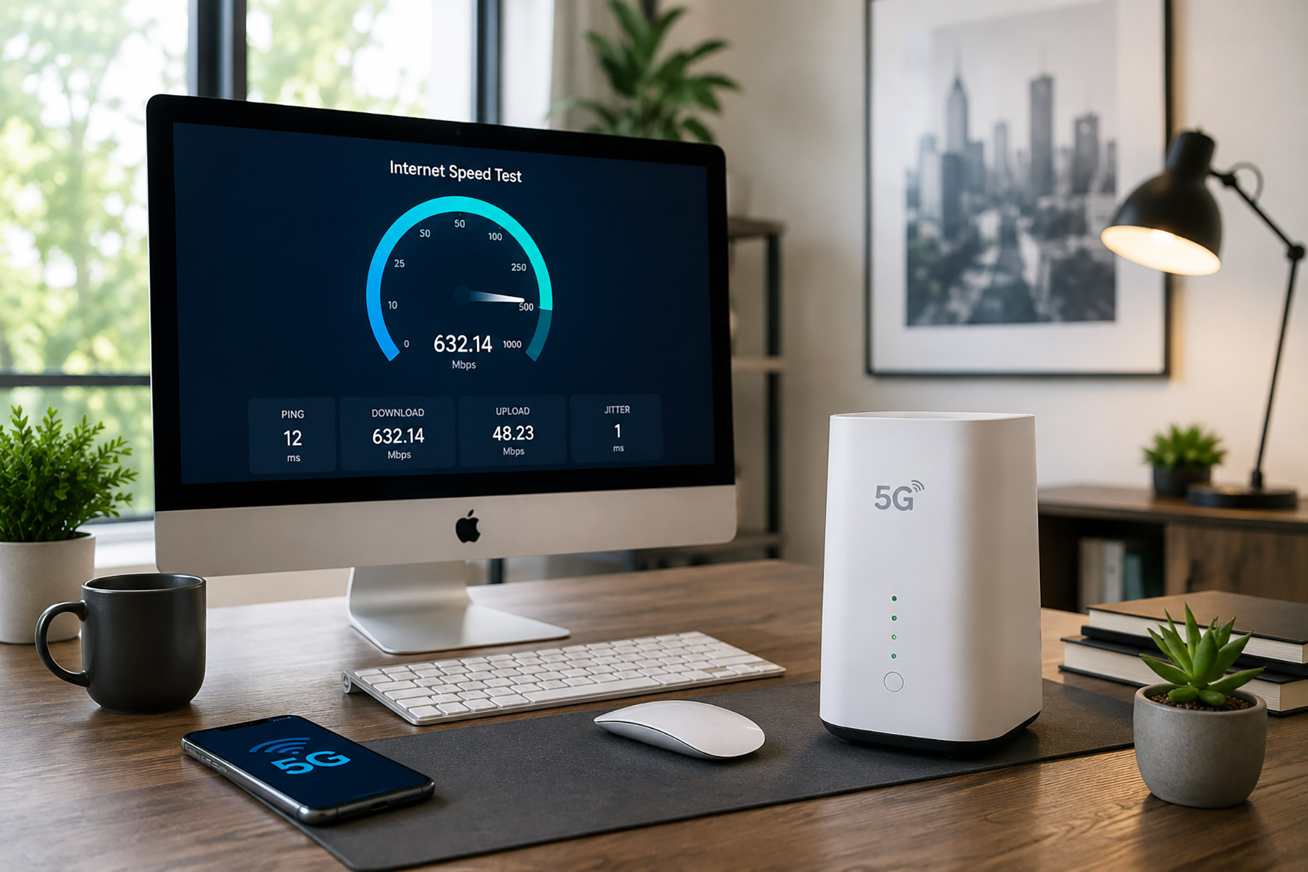 5G home internet router on a modern desk beside an iMac, keyboard, mouse, smartphone, plants, books, and a coffee mug.