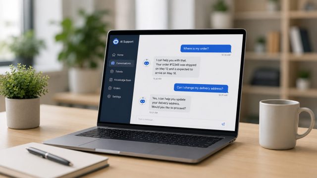 Laptop displaying an AI customer support conversation on a clean modern office desk.