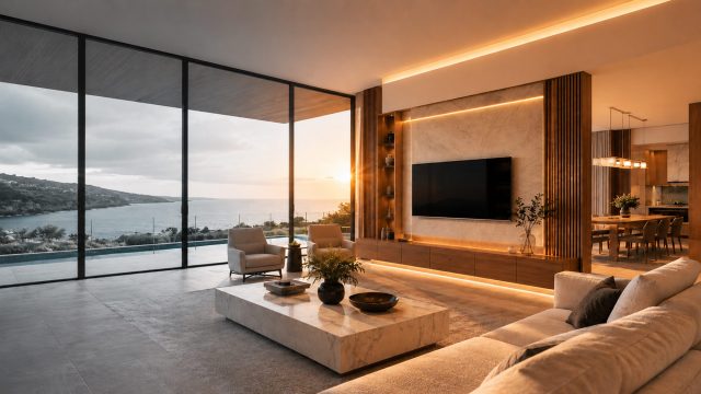 Luxury coastal living room transitioning from an empty, cloudy interior into a warmly staged space with clear skies and sunset lighting.