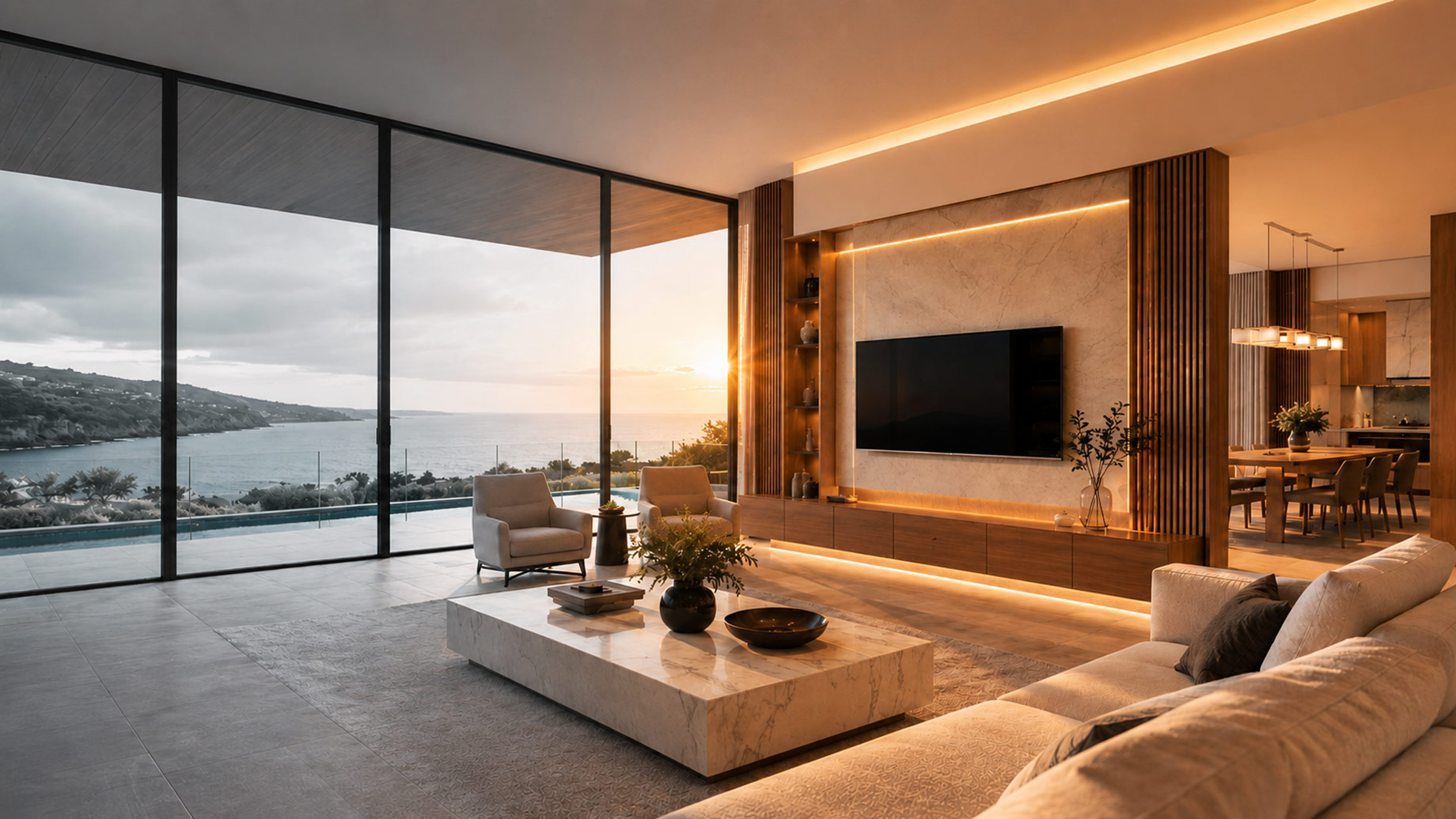 Luxury coastal living room transitioning from an empty, cloudy interior into a warmly staged space with clear skies and sunset lighting.