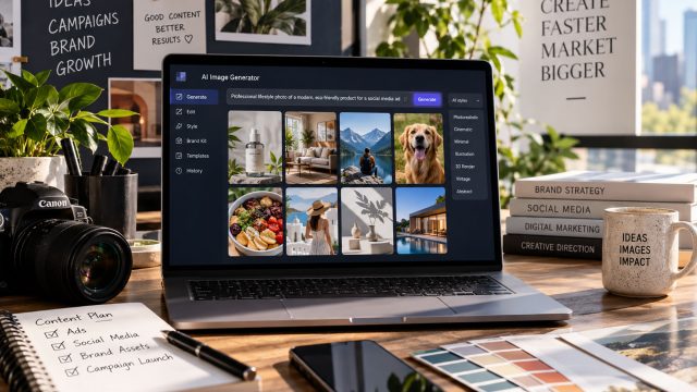 Laptop displaying an AI creative platform beside a camera, colour swatches, a smartphone, and a notebook on a sunlit desk.