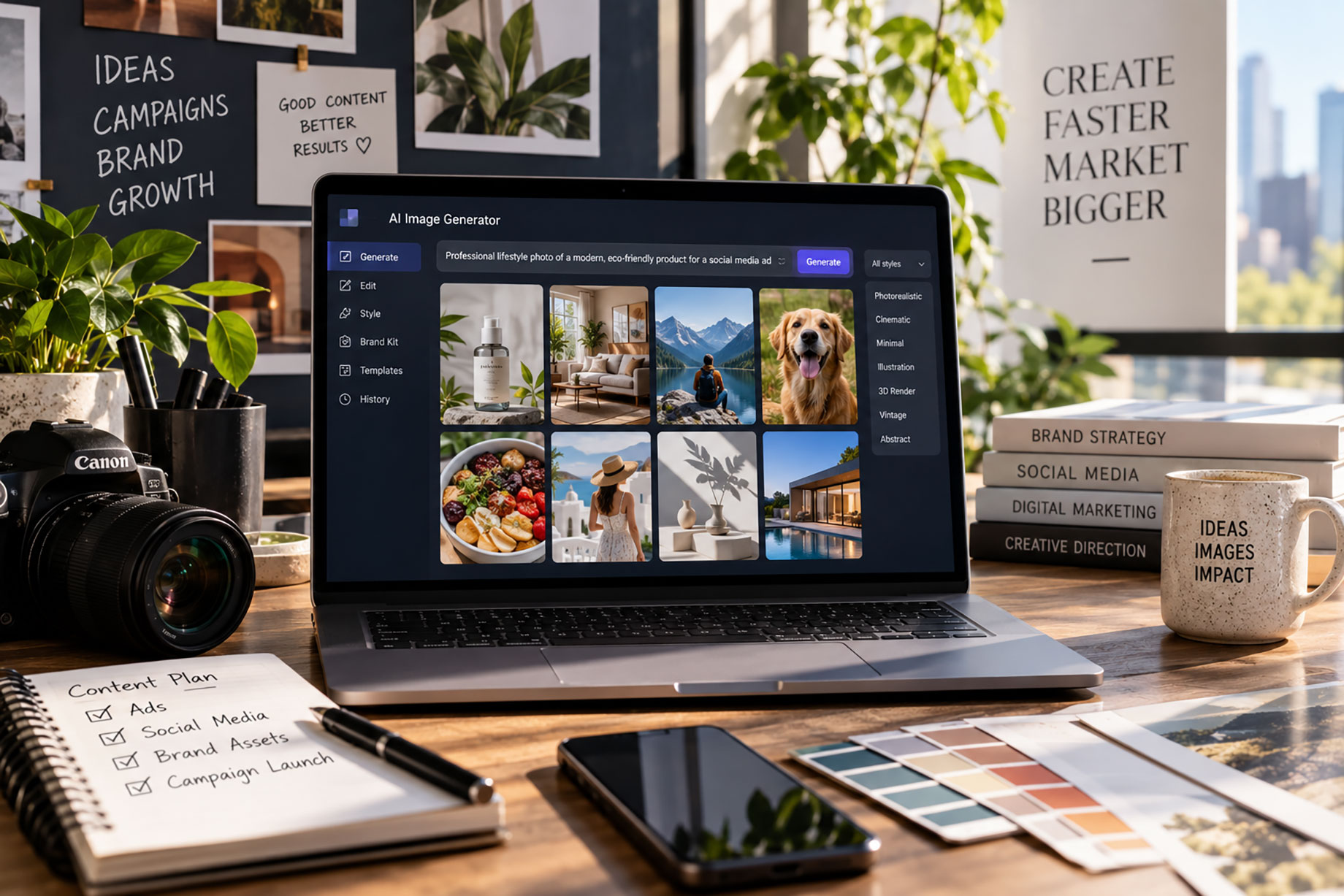 Laptop displaying an AI creative platform beside a camera, colour swatches, a smartphone, and a notebook on a sunlit desk.