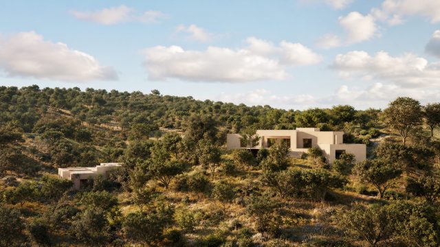 Apaulinha residences dispersed across a wooded hillside near Melides and Comporta, Portugal.