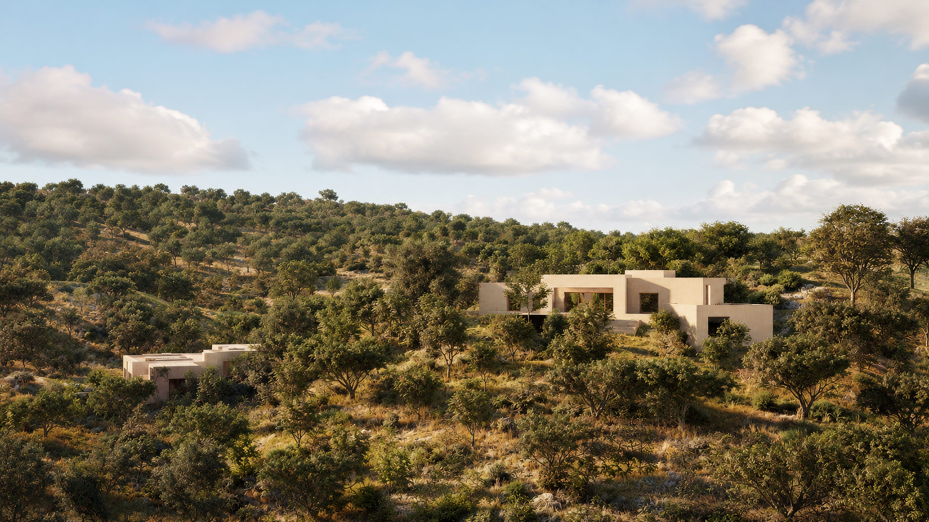 Apaulinha residences dispersed across a wooded hillside near Melides and Comporta, Portugal.