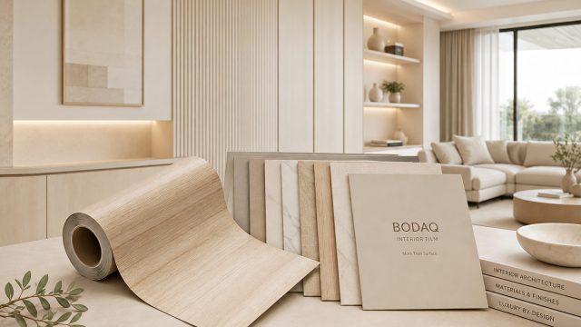 Architectural interior film roll and neutral finish samples displayed within a bright beige luxury living space with coordinated cabinetry and wall panels.