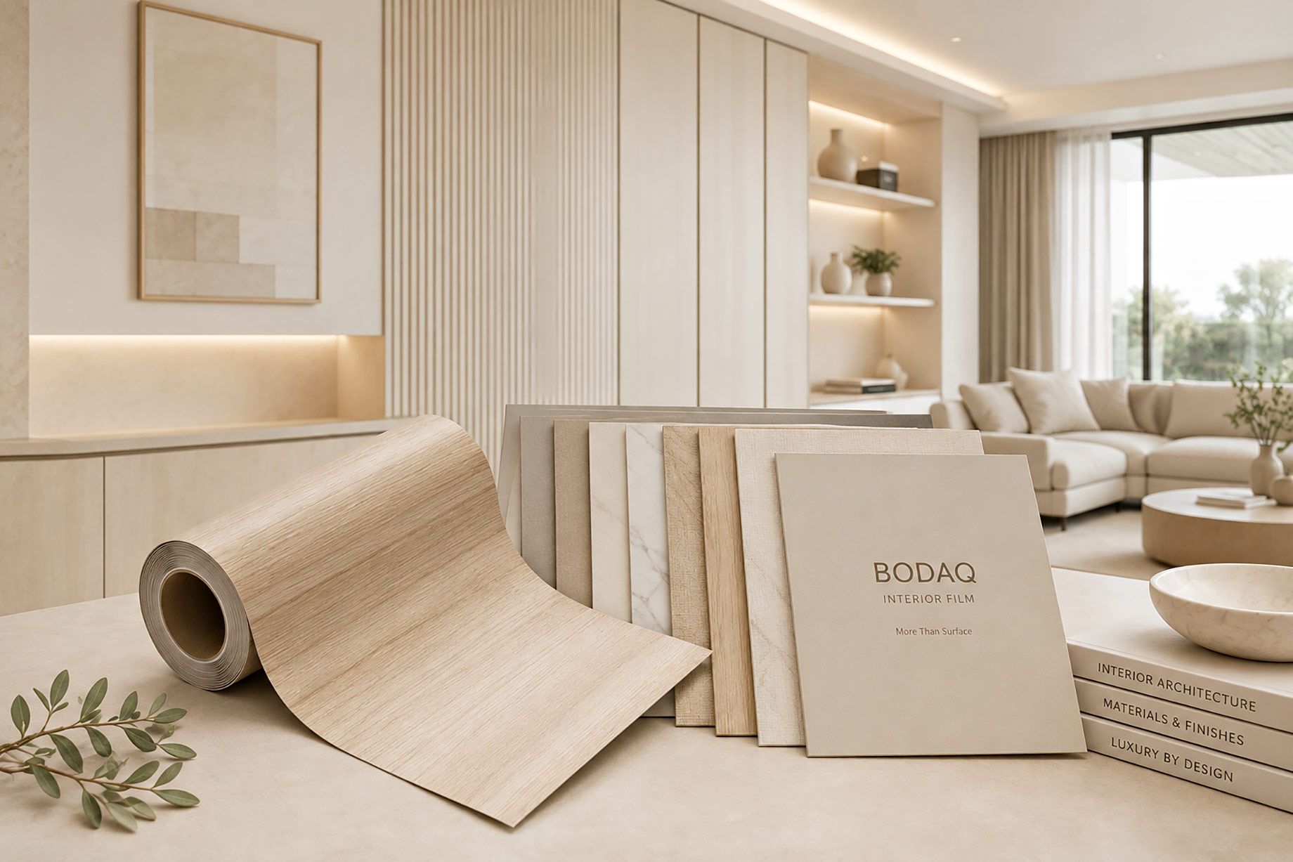 Architectural interior film roll and neutral finish samples displayed within a bright beige luxury living space with coordinated cabinetry and wall panels.