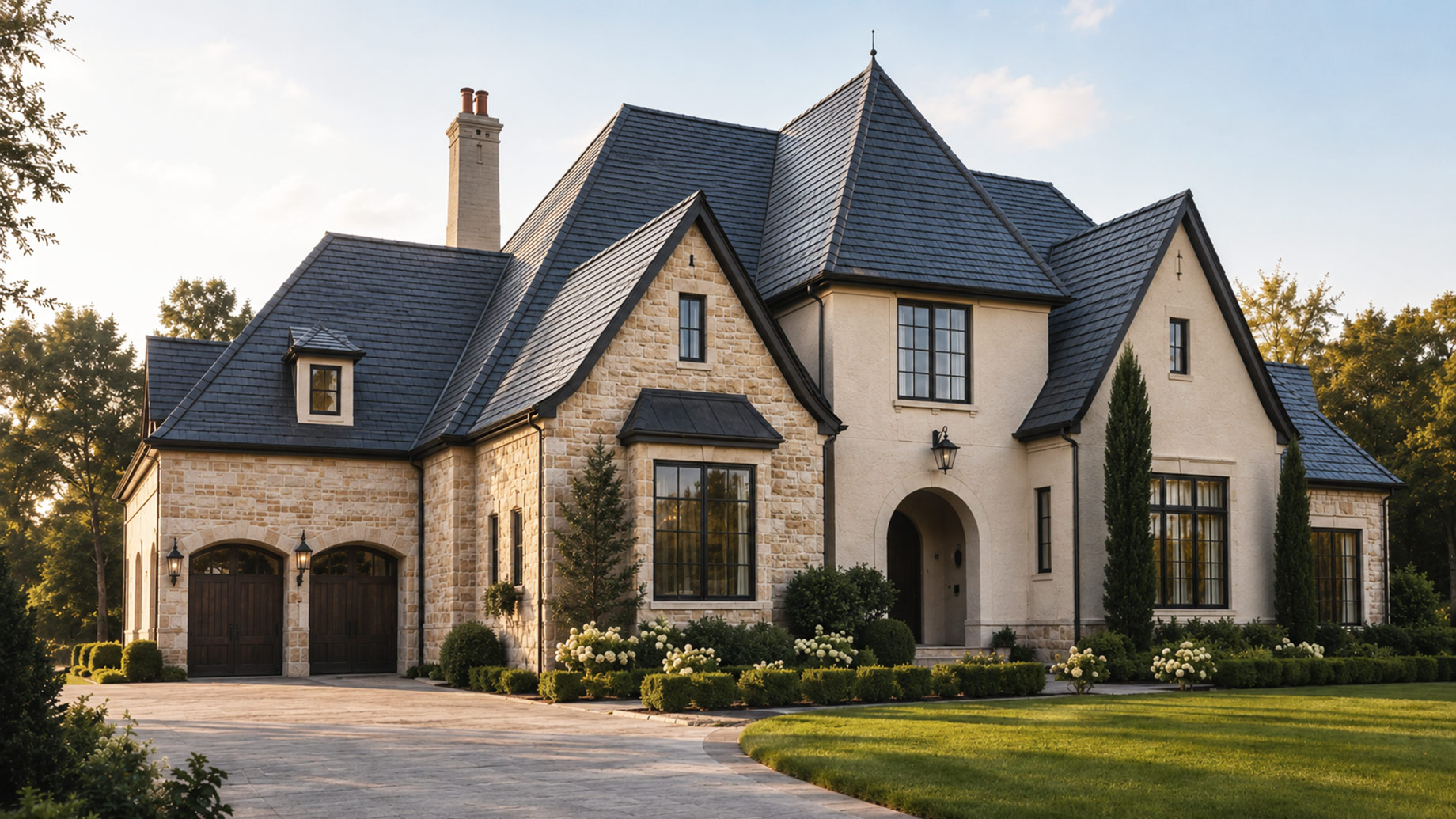Luxury stone home with a precisely constructed dark slate roof, steep gables, clean valleys, dormers, chimneys, and symmetrical architectural detailing.