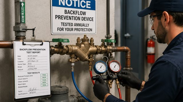 Technician testing a backflow prevention device in a utility room with gauges, pipes, valves, and a completed test report nearby.