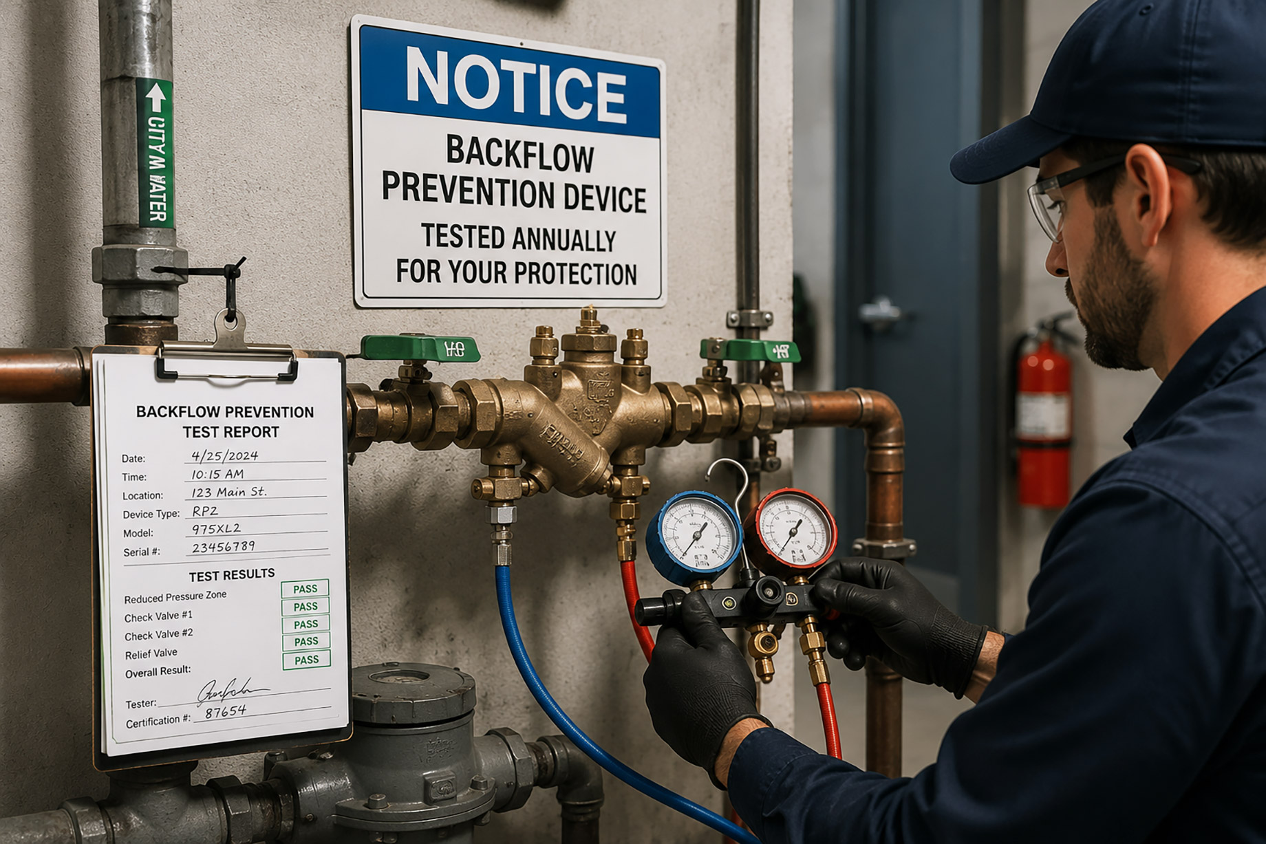 Technician testing a backflow prevention device in a utility room with gauges, pipes, valves, and a completed test report nearby.