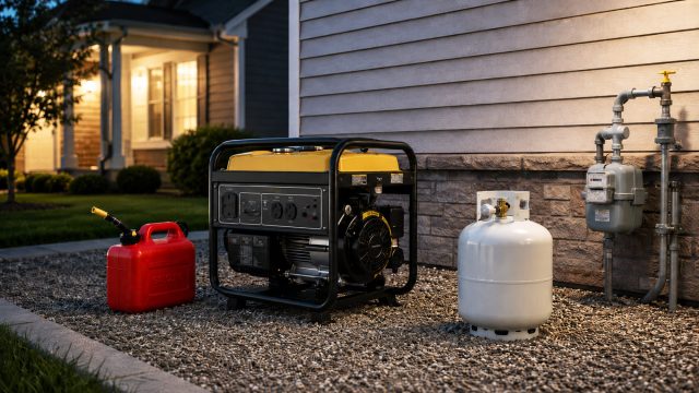 Portable backup generator outside a home beside a gasoline can, an LPG cylinder, and a natural gas connection at dusk.