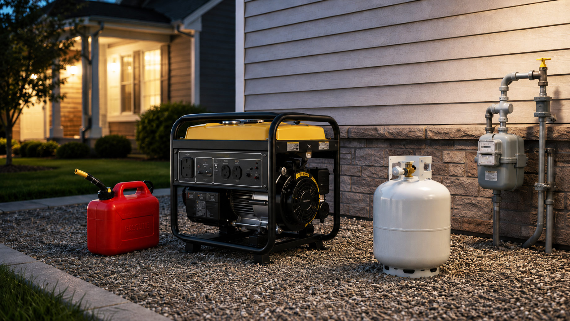 Portable backup generator outside a home beside a gasoline can, an LPG cylinder, and a natural gas connection at dusk.